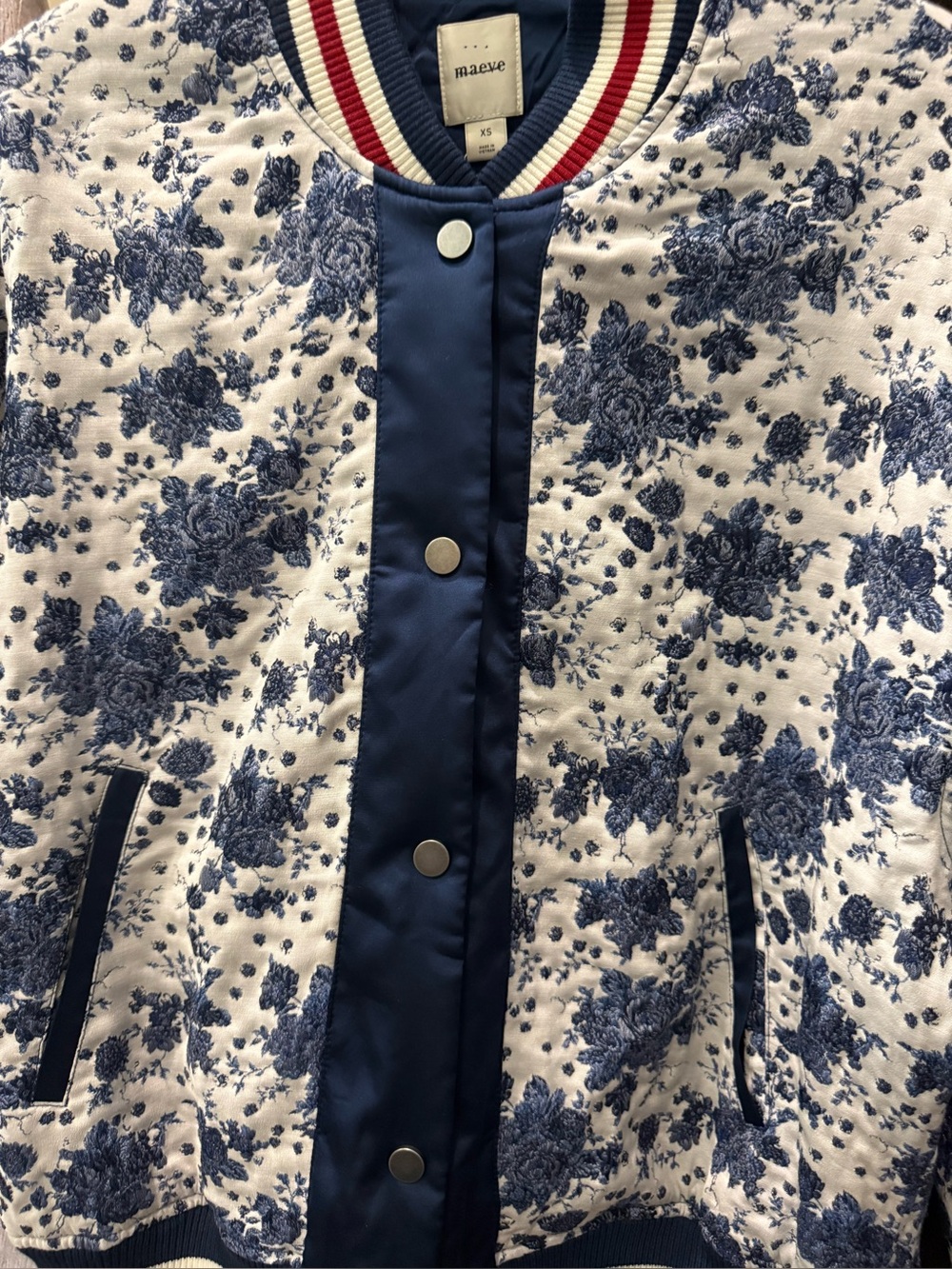 Maeve Floral Quilted Bomber Jacket in Navy & White - Picture 13 of 15